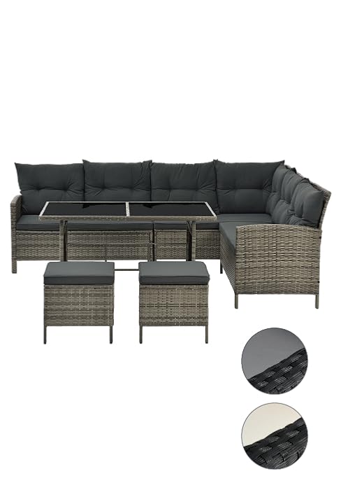 en osier gris avec coussins foncés, comprenant une table basse et des poufs. Les échantillons de couleurs montrent les options de tissu gris foncé