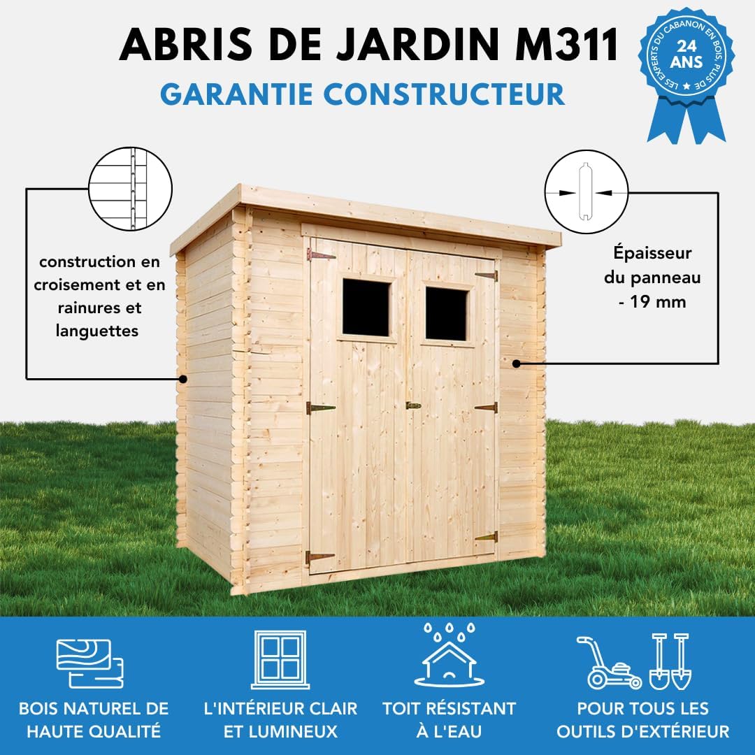Abri de Jardin en Bois avec Sol TRAITÉ TIMBELA M311+M311G - Stockage extérieur l204xL142xH200cm//2.22m2- Petit abri à Outils, Local à vélos - Toit imperméable, fenêtres