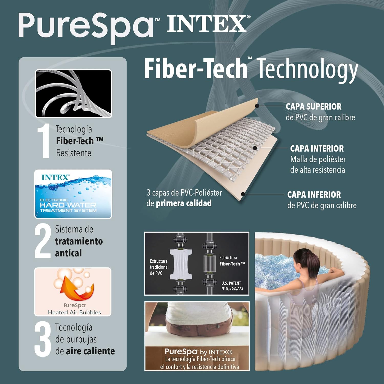 Intex - Pure Spa Carbone 6 places - grande capacité, structure robuste