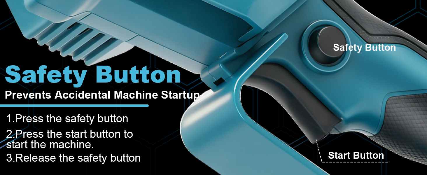 Le texte indique « Bouton de sécurité ». Séquence d'instructions teintée en bleu montrant les étapes de fonctionnement des boutons de sécurité sur les machines.