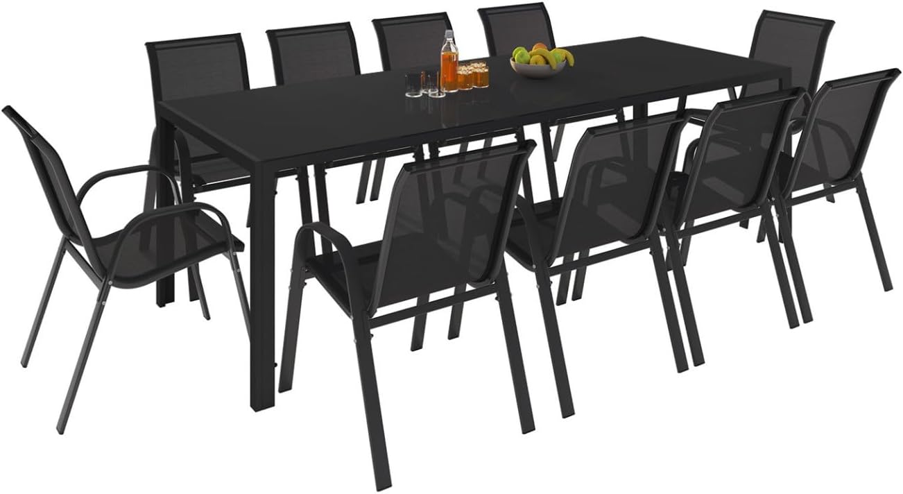 IDMarket - Salon de jardin Madrid 240 cm, 10 chaises empilables, noir