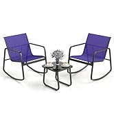 COSTWAY Salon de Jardin 3 Pièces avec Chaises à Bascule Table en Verre, Ensemble de Meuble Extéri...