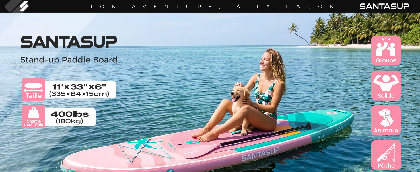 Le texte indique « SANTASUP » avec les informations sur le produit visibles. L'image montre une personne sur un paddleboard bleu sur l'eau, vêtue d'une tenue rose et blanche, présentation du produit avec des éléments de marque roses.