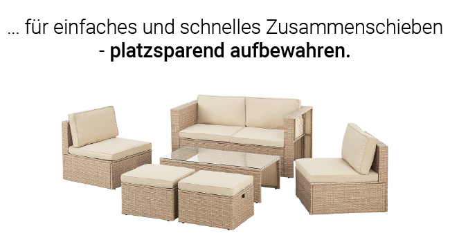 Ensemble de mobilier d'extérieur modulaire comprenant un canapé, des chaises et une table. Le texte en allemand décrit un assemblage facile et un rangement peu encombrant