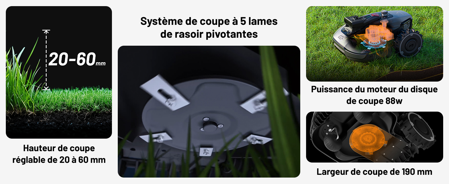Série d'images de démonstration de produits montrant l'utilisation et le chargement des appareils électroniques, avec les spécifications techniques et les instructions de configuration visibles.