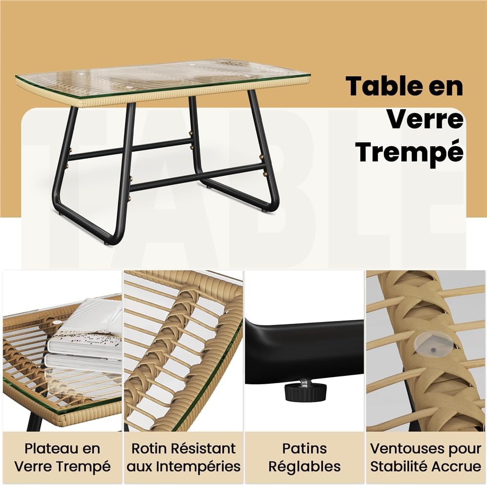 Yaheetech - salon de jardin 4 pièces - canapé, fauteuils et table - tressé, verre trempé
