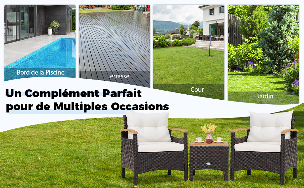 Ensemble de mobilier d'extérieur avec chaises en osier et table sur la pelouse. Les images environnantes montrent la piscine, la terrasse et le jardin.