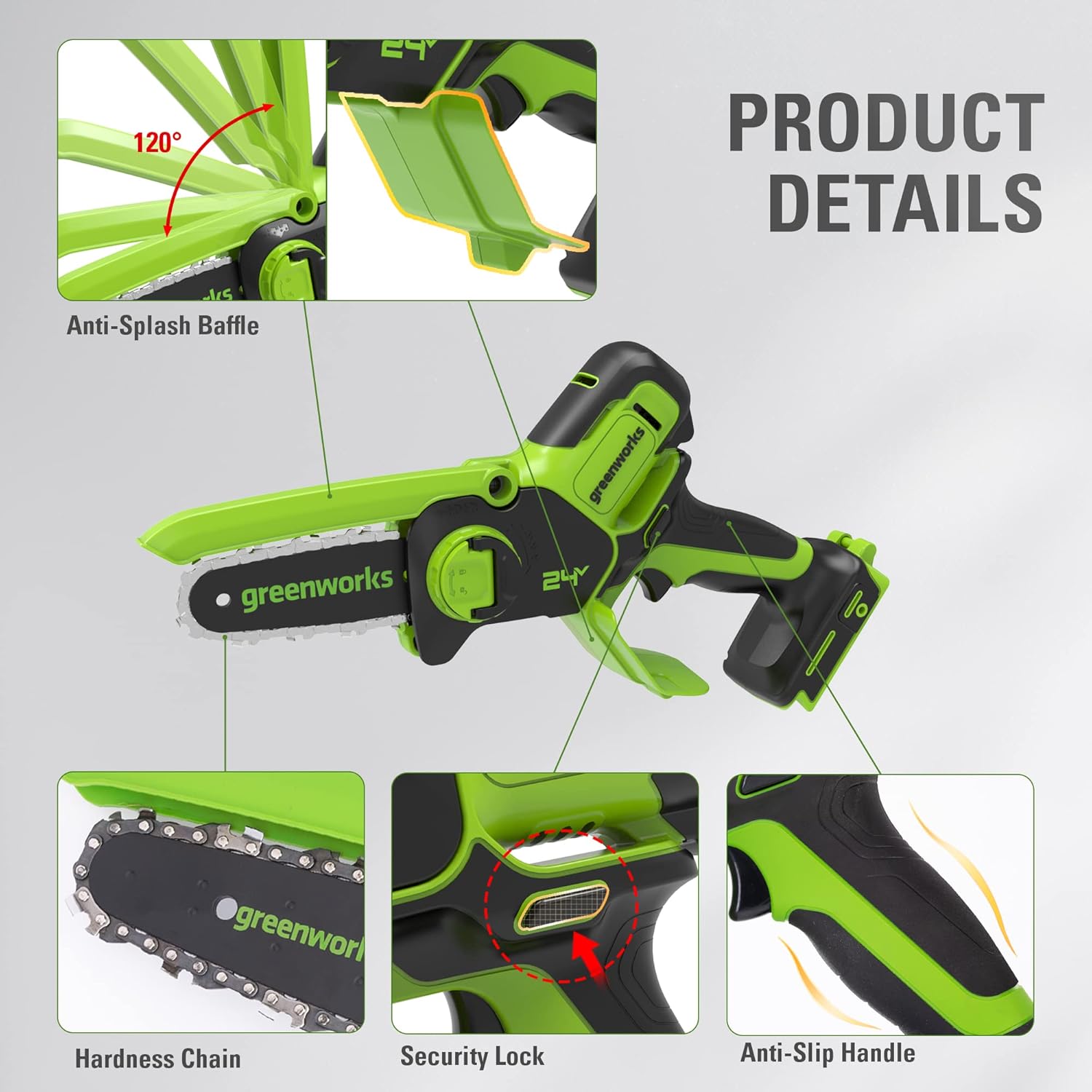 Greenworks - Mini tronçonneuse 24V - 10 cm - batterie 2Ah, 7,8 m/s