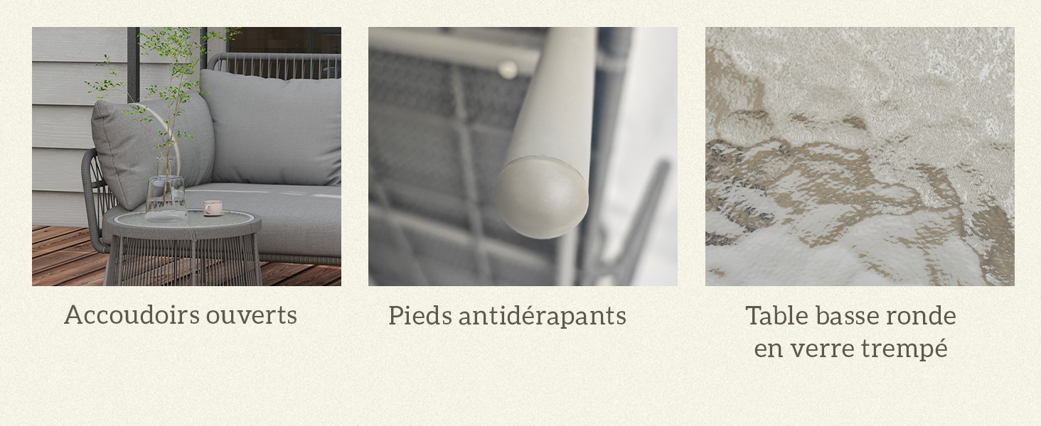 Image de meuble composite montrant un canapé d'extérieur avec coussins, des pieds de meuble antidérapants et une table ronde en verre avec une surface texturée