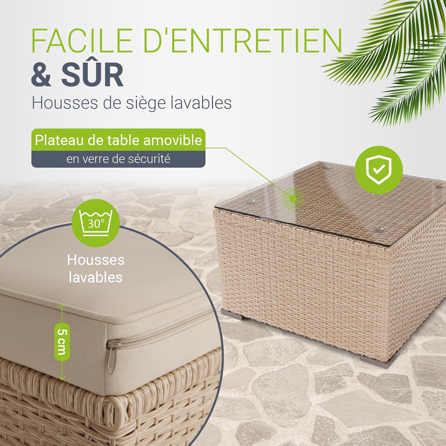 Juskys - Punta Cana M - canapé, tabouret, table, coussins - pour 3-4 personnes