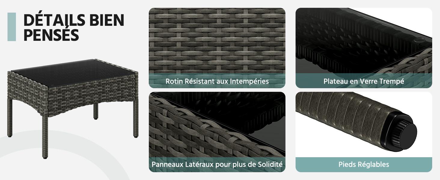 Le texte se lit comme suit : « DETAILS BIEN PENSÉS ». Plusieurs vues d'une structure de table tissée foncée ou de style rotin montrant différents angles et détails d'assemblage.
