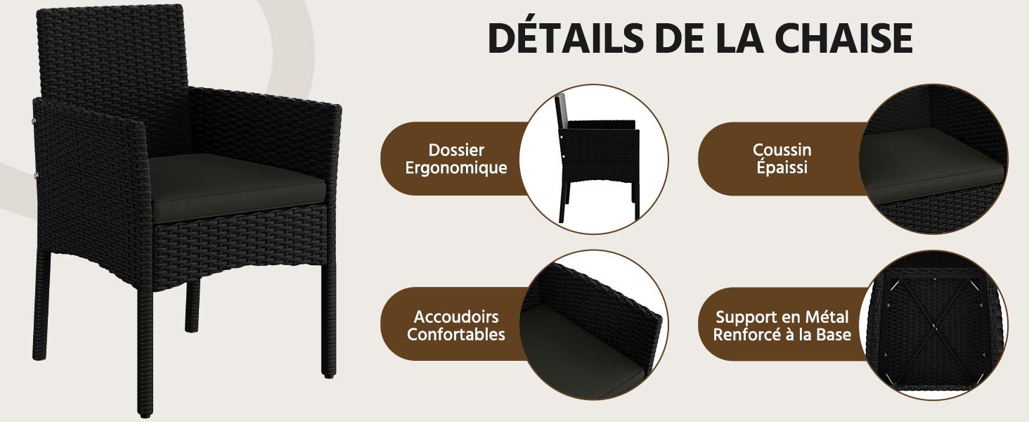 Le texte indique « DÉTAILS DE LA CHAISE ». Schéma technique montrant plusieurs vues des composants de la chaise et des détails d'assemblage dans un style silhouette noire.