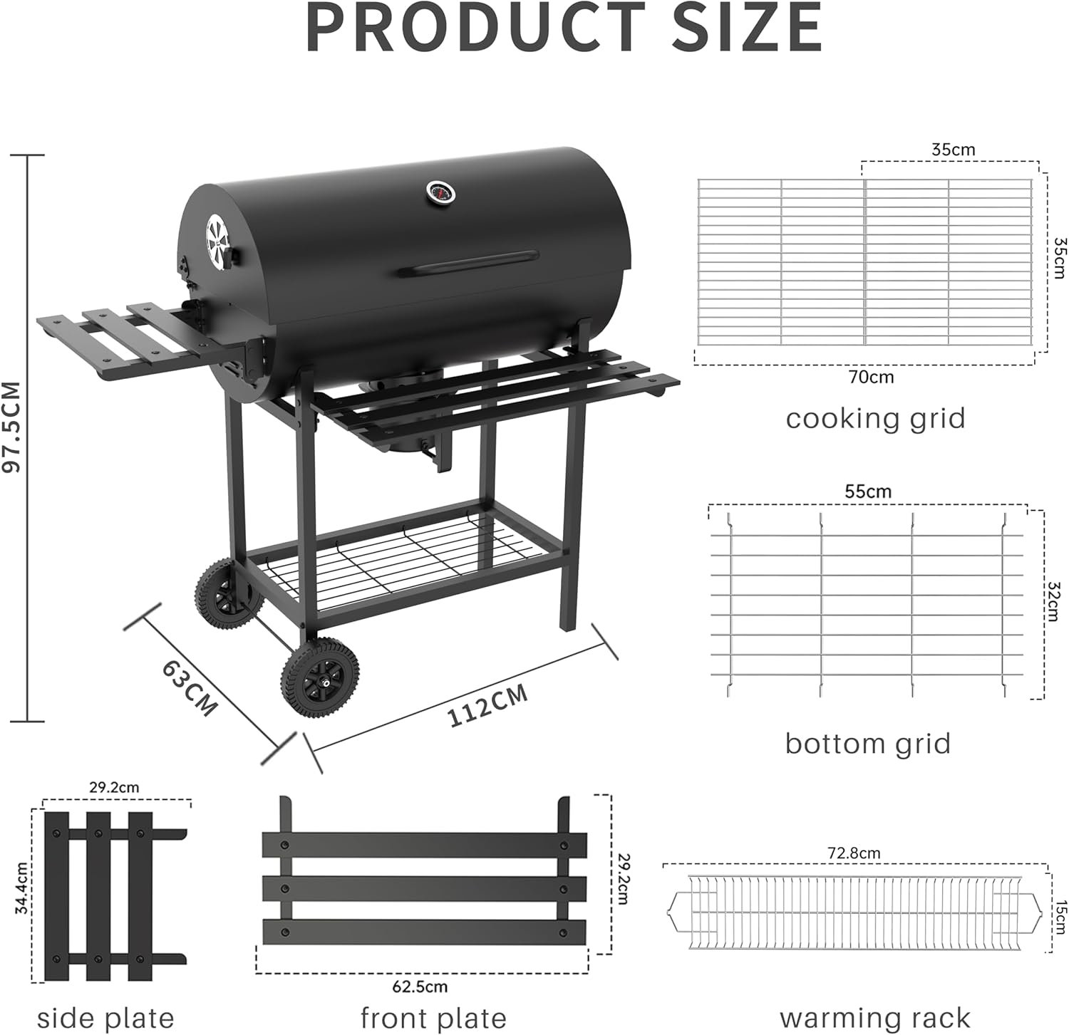 TEENO - Barbecue XXL à charbon, bois, couvercle, thermomètre - housse imperméable - GRILLXXL