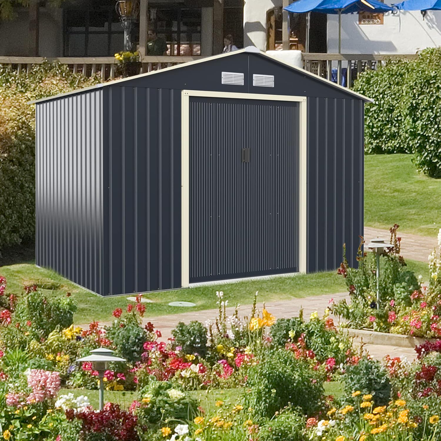 GOPLUS - Abri de jardin galvanisé - 4,83m² - porte coulissante, aération, 9,76m³