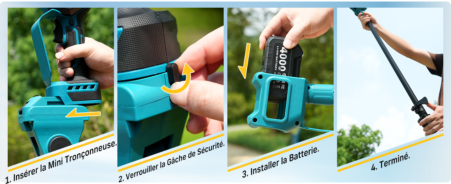 Séquence d'instructions à quatre panneaux montrant la procédure d'entretien des outils de jardinage, démontrant les étapes de nettoyage et d'entretien de la lame sur un outil de jardinage de couleur turquoise.