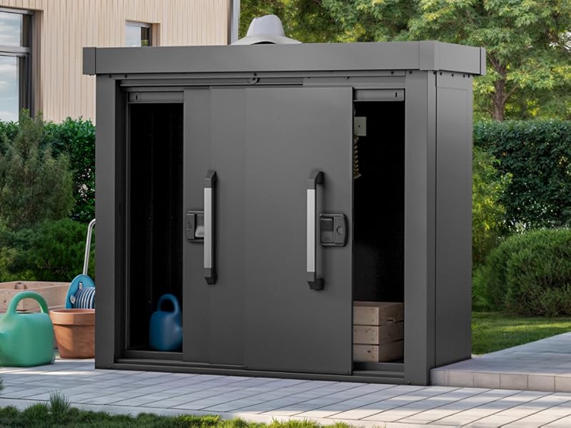 un cabanon de rangement extérieur noir avec une porte ouverte.