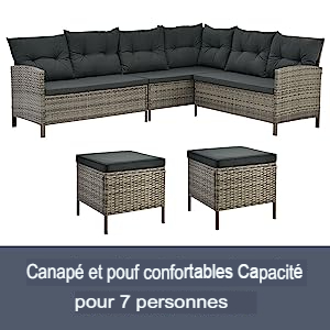 avec base grise tissée et coussins foncés. Comprend deux poufs assortis. Le texte indique des sièges pour 7 personnes.