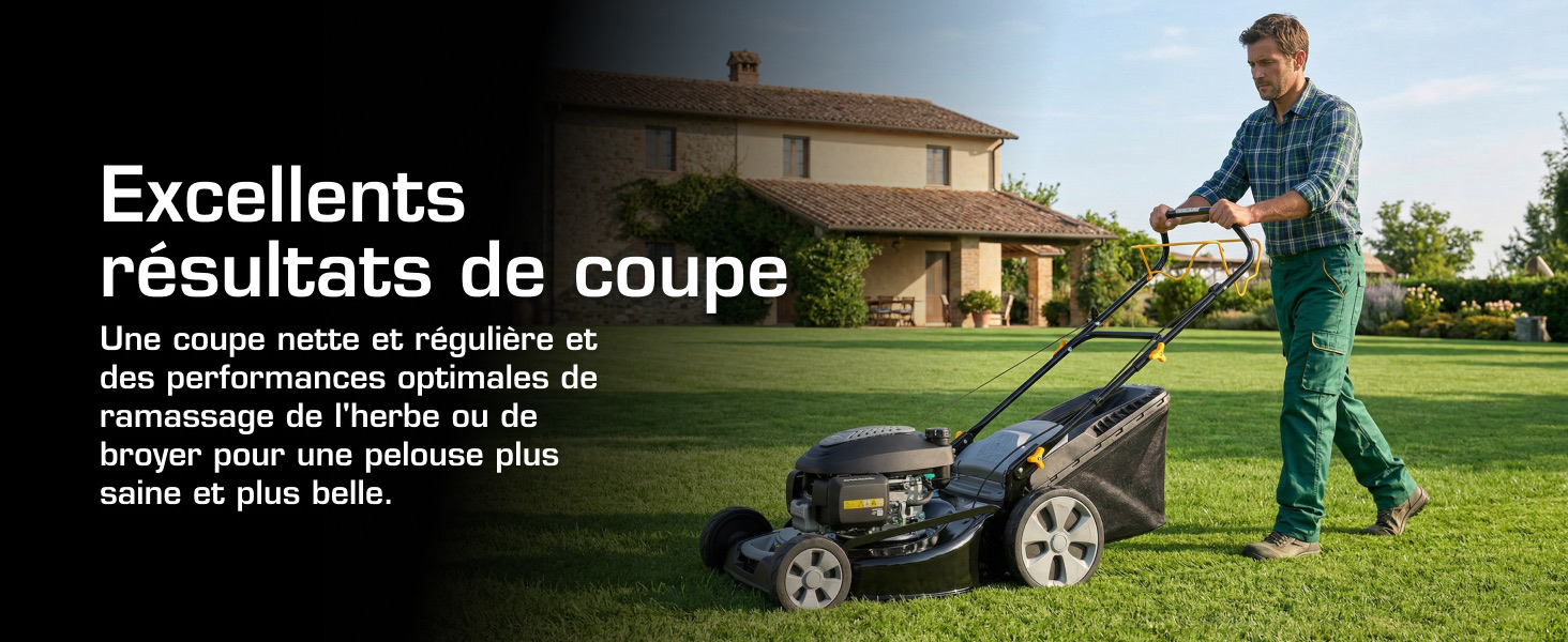 Le texte se lit comme suit : « Excellents résultats de coupe » et « Une coupe nette et régulière des performances optimales de l'amassage de l'herbe ou de broyeur pour une pelouse plus saine et plus belle ». Homme utilisant une tondeuse à gazon autoportée noire sur l'herbe avec une villa italienne en arrière-plan.