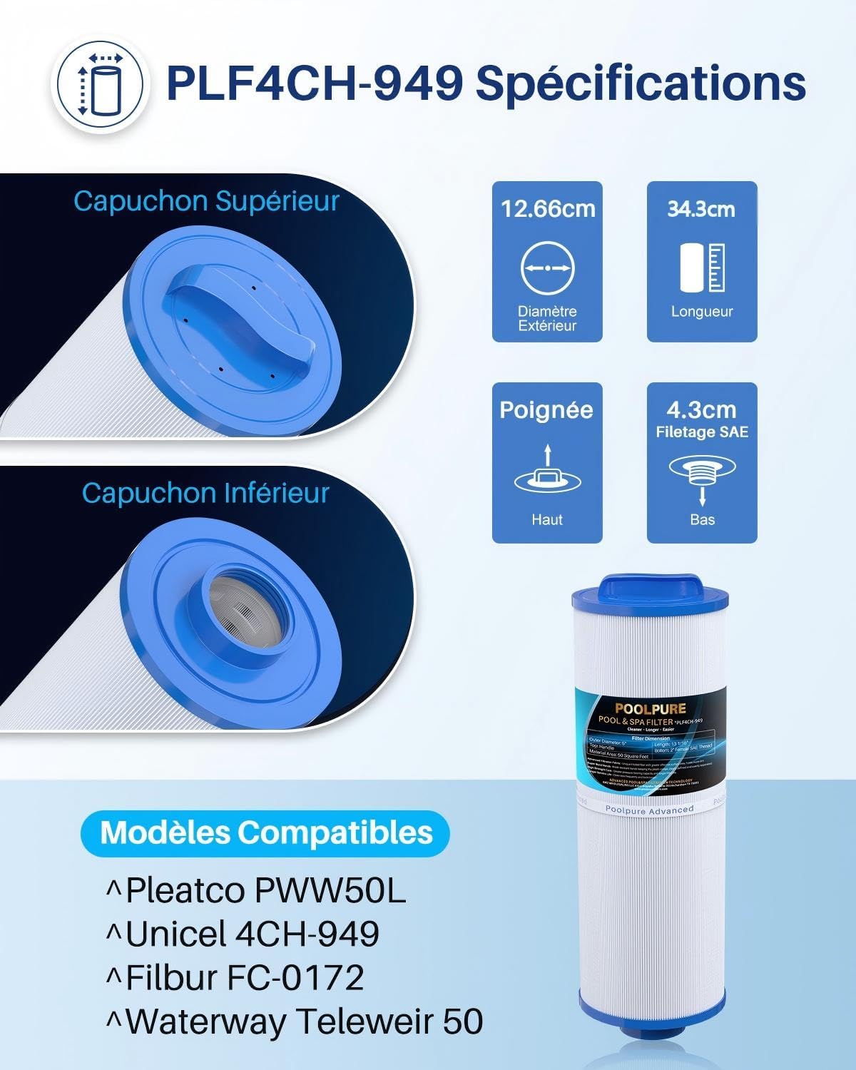 POOLPURE – Cartouche spa 50 m², compatible Pleatco, Waterway – 4CH-949