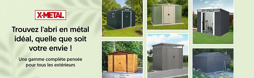 Collage d'abris de rangement extérieurs de différentes couleurs et styles. Les cabanons sont présentés dans des finitions grises, vertes et en bois, adaptés à différents aménagements de jardin et à différents besoins de rangement.