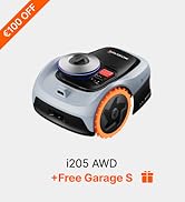 Le texte indique « HOT 50 % OFF », « i205 AWD », « +Free Garage S ». Aspirateur robotique compact blanc et orange, de conception circulaire avec capteurs frontaux et mécanismes de roue visibles.