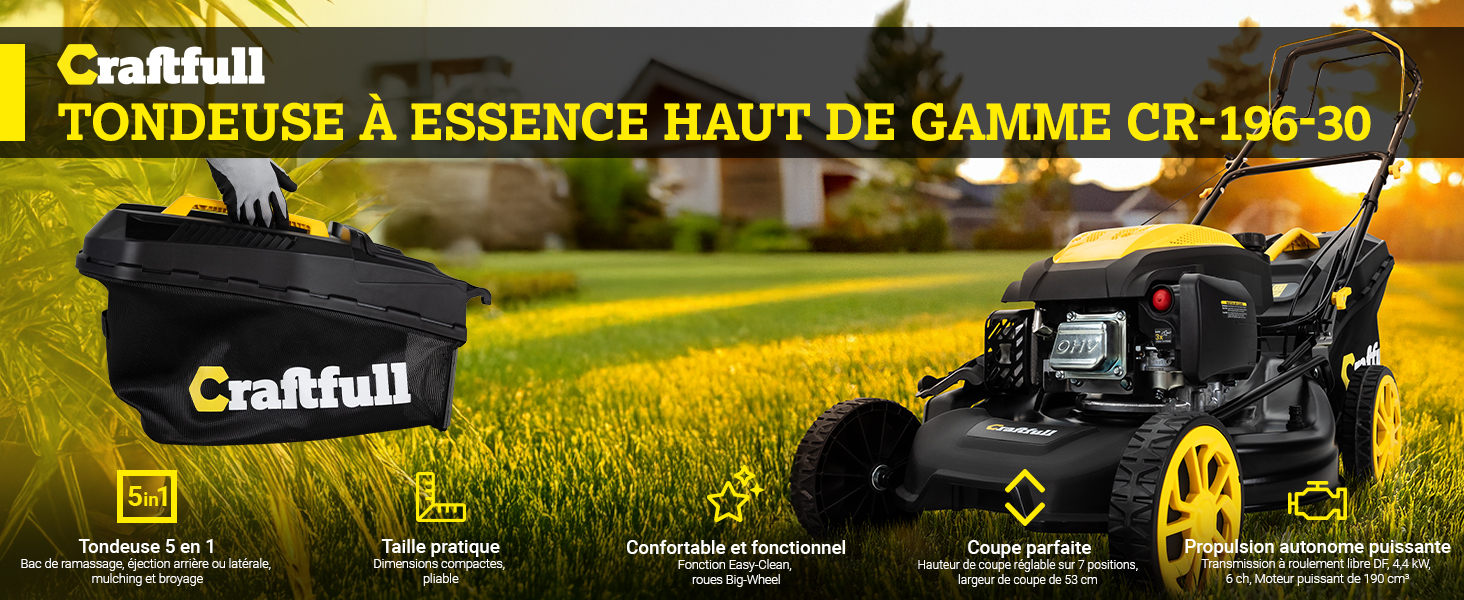 Le texte indique « Craftall TONDEUSE À ESSENCE HAUT DE GAMME CR-196-35 ». Image marketing montrant une tondeuse à gazon autoportée noire dans un champ ensoleillé.
