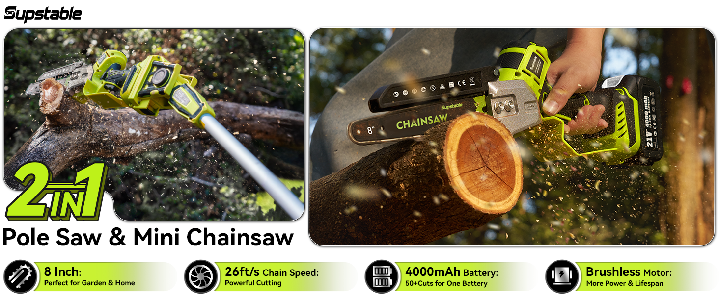 Image à panneaux multiples montrant une scie à perche et une mini-tronçonneuse en action en train de couper des branches d'arbres. Comprend un indicateur de charge vert et des icônes de spécifications.