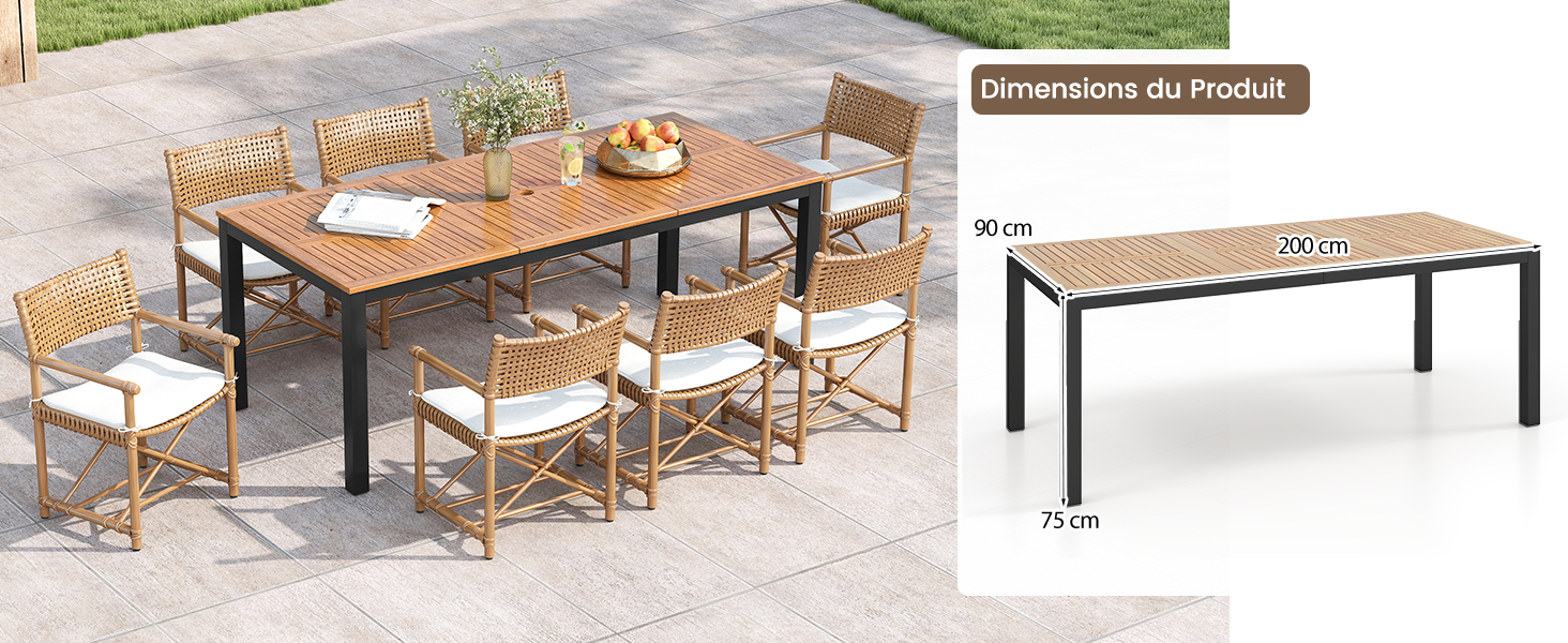 Ensemble de mobilier de salle à manger d'extérieur comprenant une table en bois et des chaises assorties. Les multiples angles montrent le design moderne avec des lignes épurées et une finition en bois naturel.