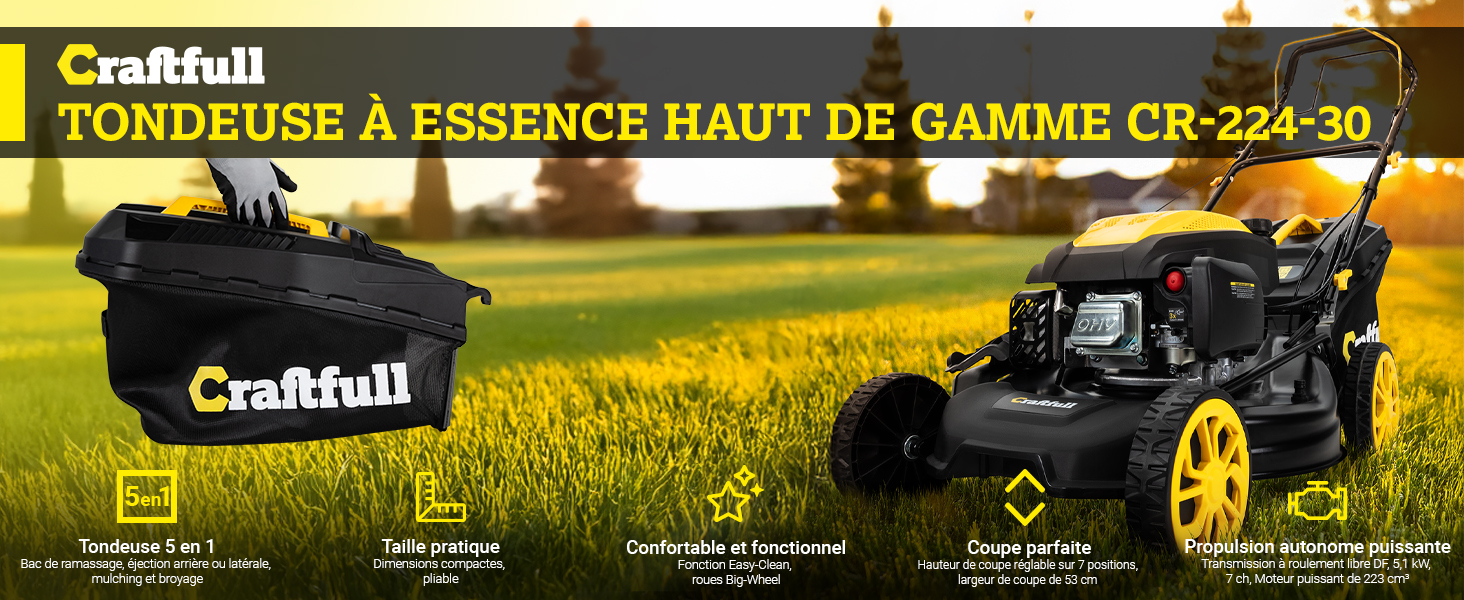 Le texte indique « TONDEUSE À ESSENCE HAUT DE GAMME CR-224-30 ». Tondeuse à gazon professionnelle montrée en action sur de l'herbe verte avec des détails de roue jaunes.