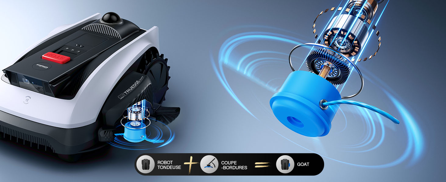 Image du produit divisée montrant un aspirateur robotique avec une base illuminée en bleu, démontrant une action de nettoyage avec des effets lumineux.