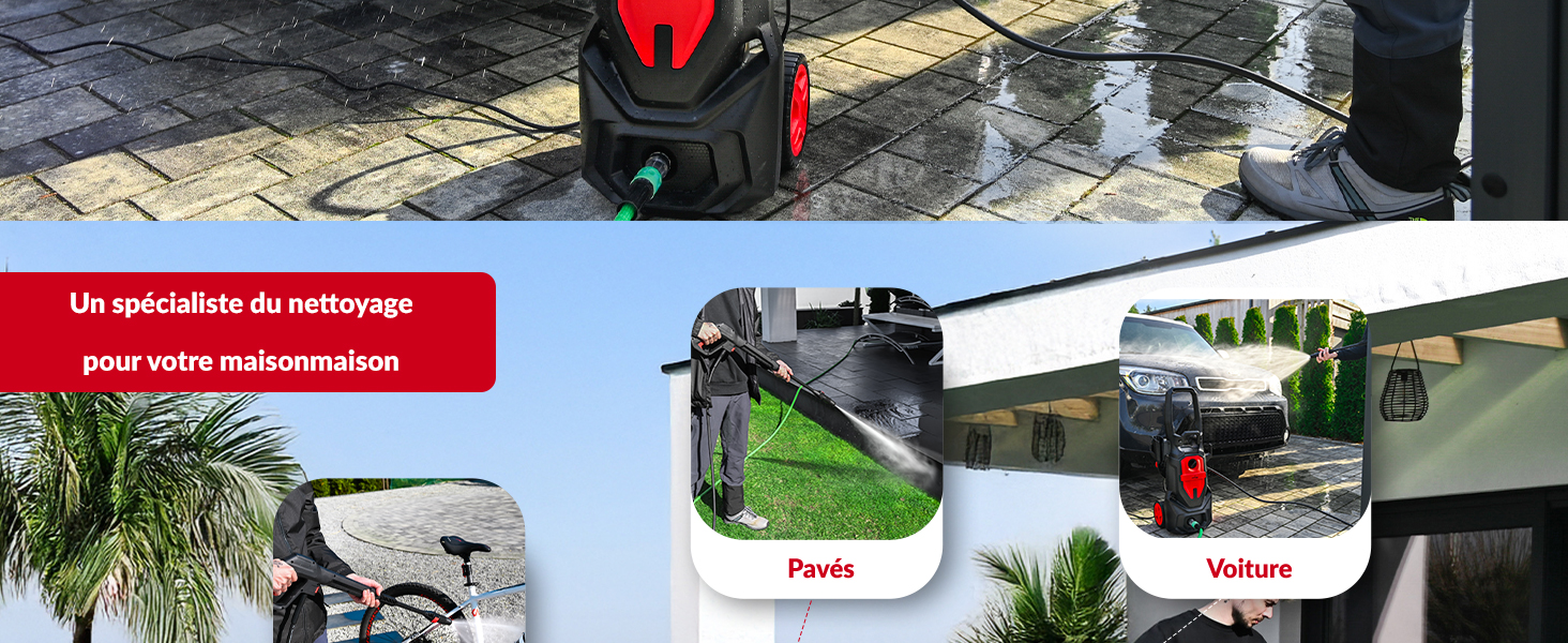 Collage d'images d'équipements de nettoyage extérieurs, montrant des buses de nettoyeur haute pression et une personne utilisant un nettoyeur haute pression sur une terrasse.