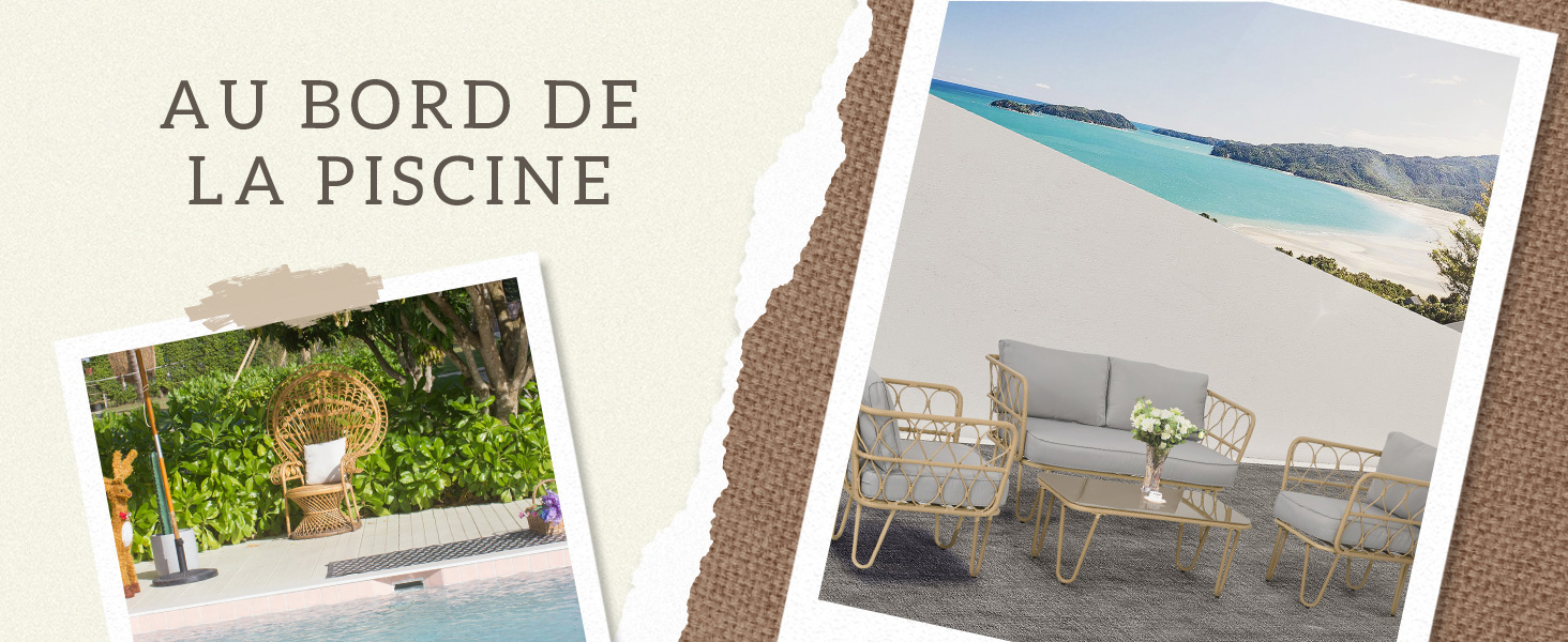d'images au bord de la piscine : chaise de jardin, piscine et ensemble de salle à manger extérieure. Le texte se lit comme suit : « AU BORD DE LA PISCINE ».