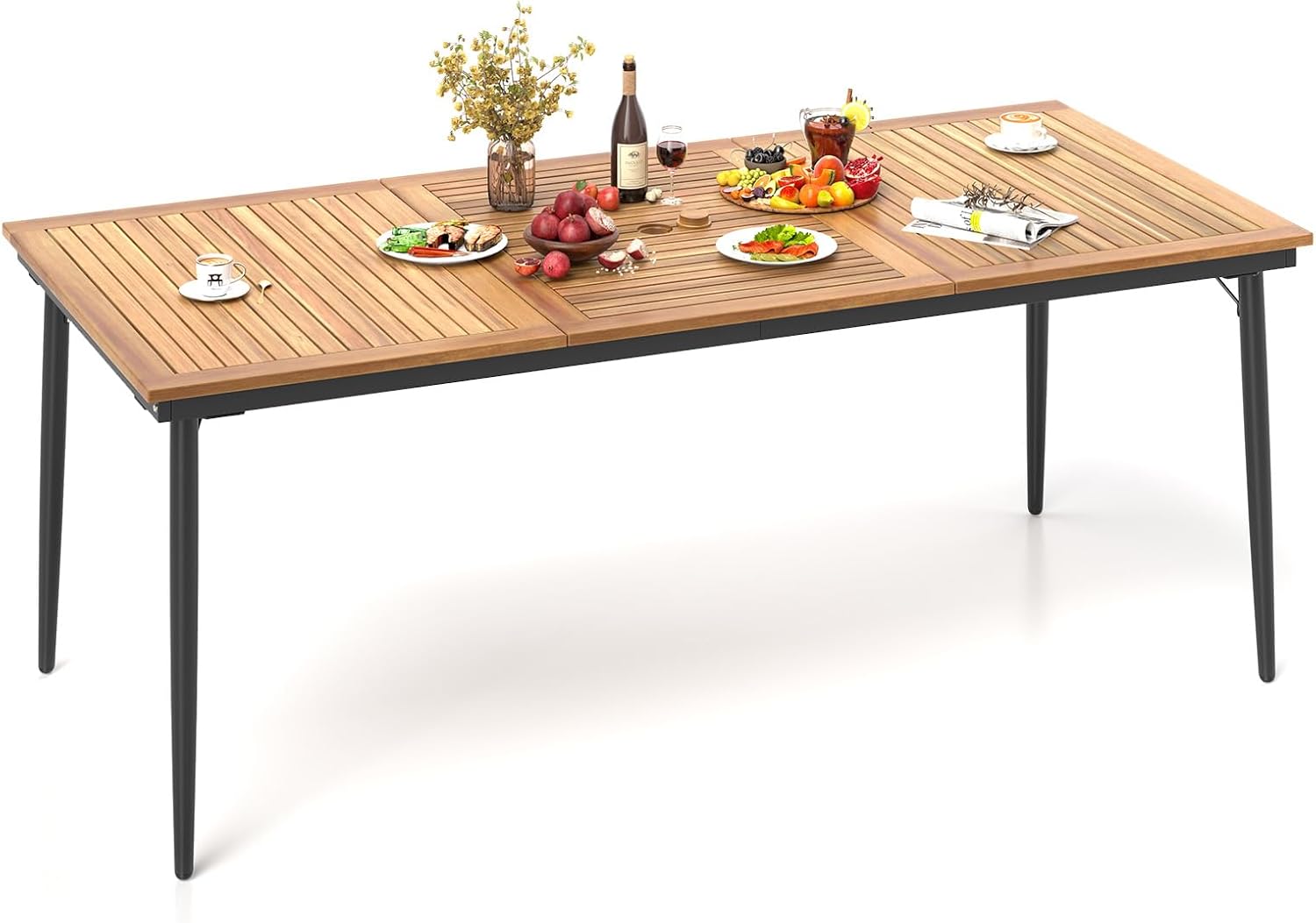 COSTWAY - Table de jardin en bois acacia 200cm, pieds métal, trou parasol