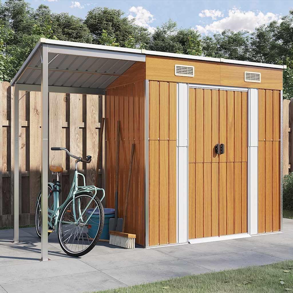 vidaXL Abri de Jardin avec Toit Prolongé, Cabane à Outils avec Poignées, Remise à Outils, Abri de Rangement Terrasse, Marron Clair 277x107x181 cm Acier