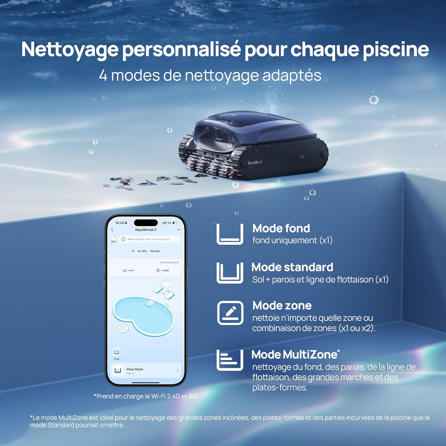 Beatbot - AquaSense 2 - 300m² - robot piscine sans fil, autonomie 150min