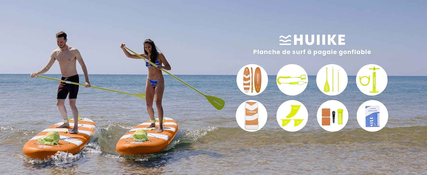 Deux personnes pagayant sur des planches à pagaie gonflables oranges en eau peu profonde. Caractéristiques du produit affichées sous forme d'icônes, y compris les accessoires pour pagaies et pompes.