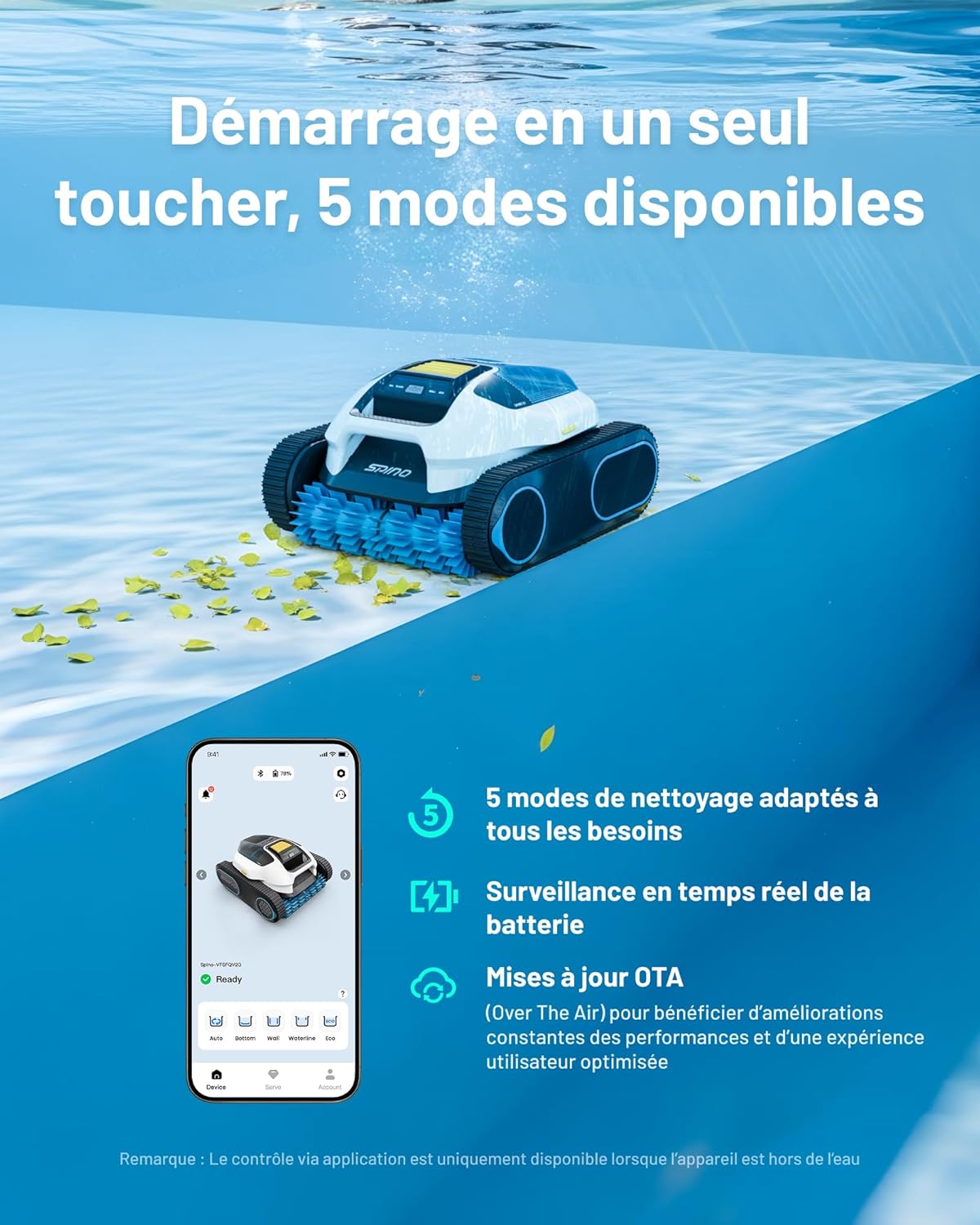 SPINO - E1 Robot piscine 150㎡, aspiration 21950 LPH, 210 min, 5 modes, E1