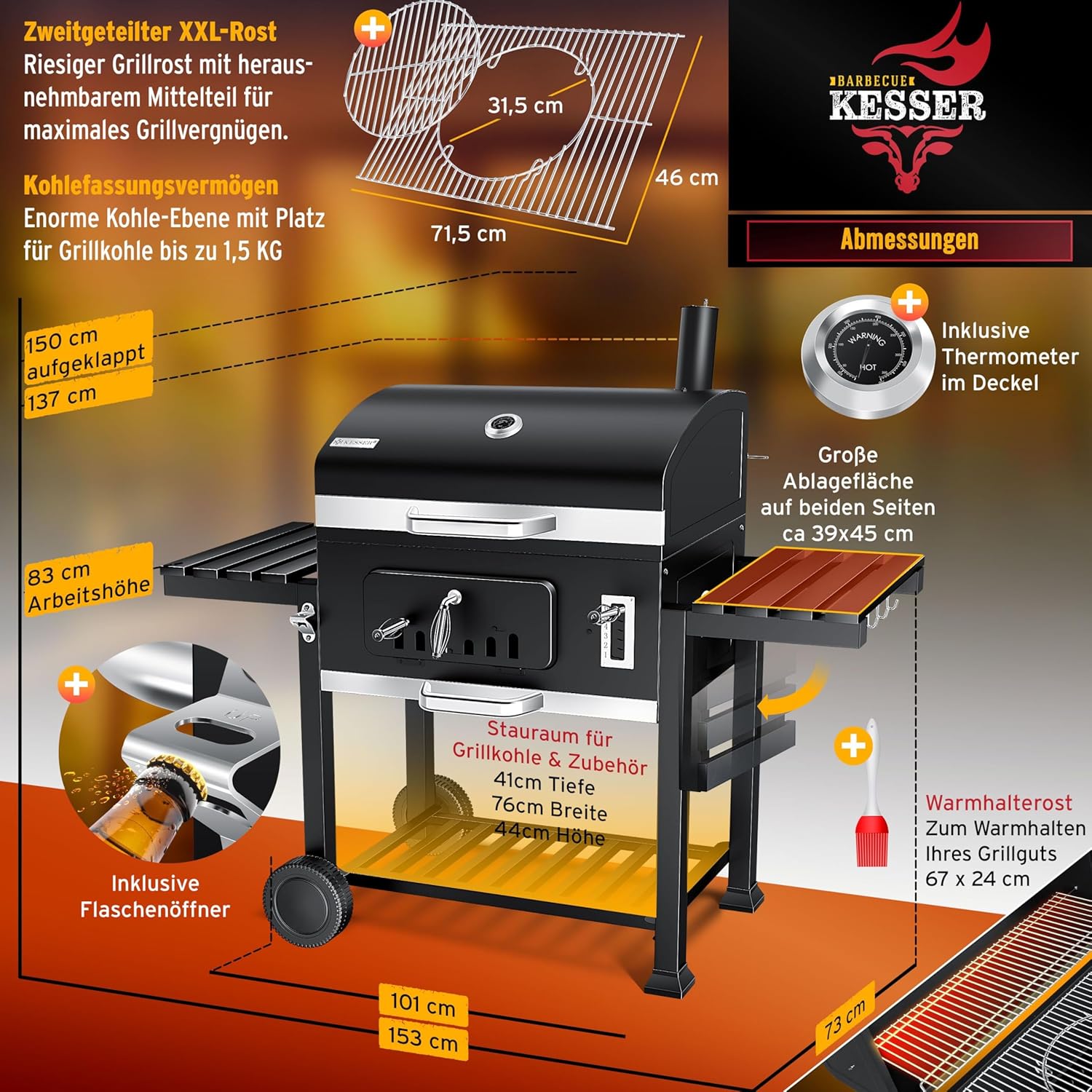 KESSER - Chariot à Barbecue XXL - grill charbon, couvercle, roues, inox, thermomètre