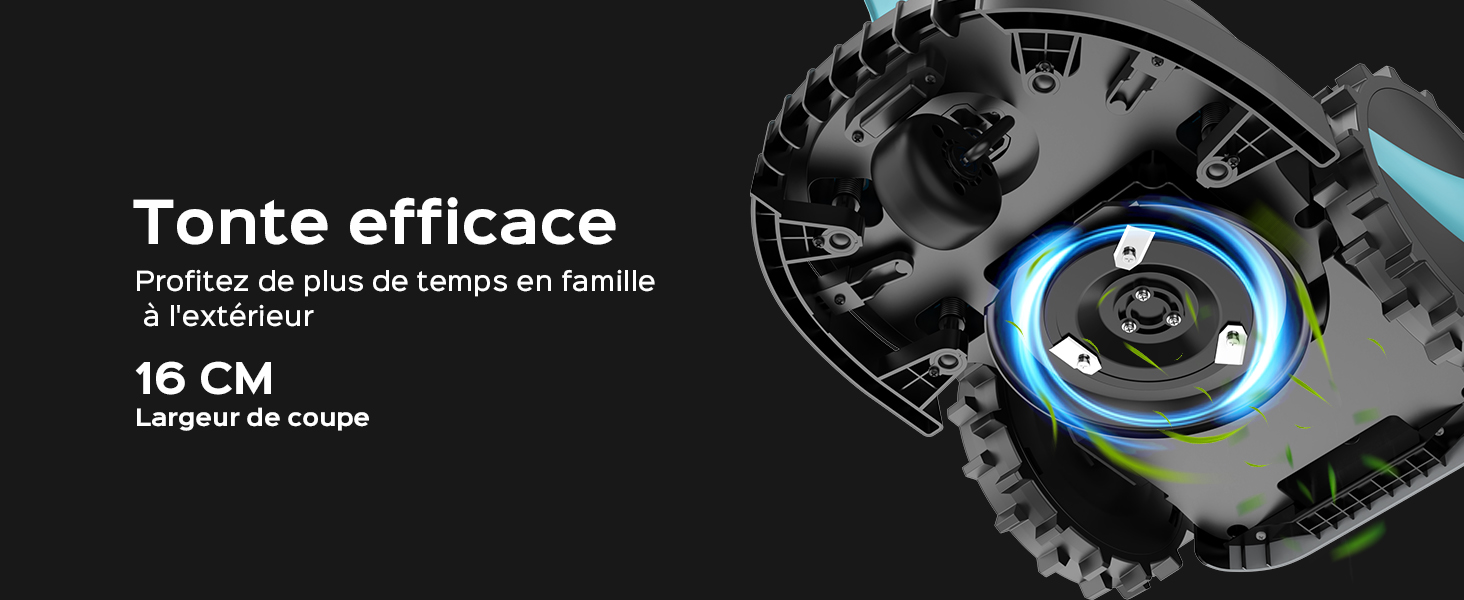 Gros plan d'un assemblage de lames de tondeuse à gazon robotisée avec de grandes roues. Dispose d'une largeur de coupe de 16 cm et d'un composant circulaire illuminé en bleu, idéal pour une tonte de gazon efficace.