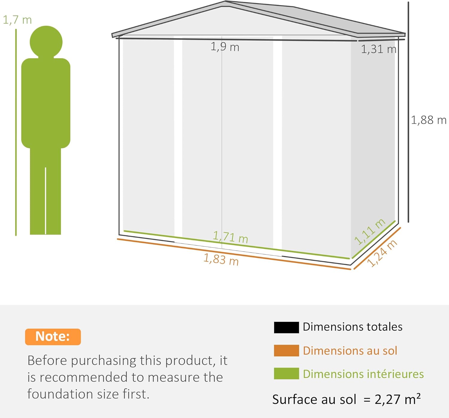 Abri de Jardin en métal 2,27 m², Structure en Acier galvanisé 
