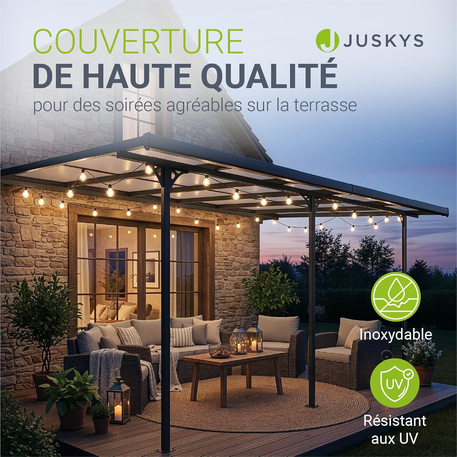 Juskys - Borneo 3x5 m - toit terrasse alu gris, plaques alvéolaires