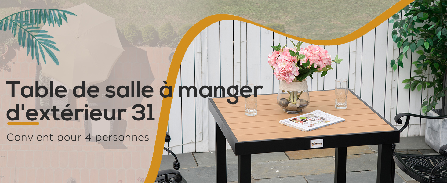 avec plateau en bois et structure en métal. Le texte en français la décrit comme une table à manger extérieure pour 4 à 6 personnes.