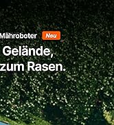 Le texte se lit comme suit : « Mähroboter Neu » et « Gelände, zum Rasen ». Fond texturé foncé avec motif semblable à de l'herbe.