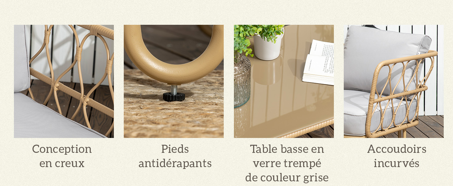 Image à quatre panneaux présentant les caractéristiques du meuble : design incurvé, pieds antidérapants, plateau en verre trempé gris et accoudoirs incurvés. Étiquettes textuelles en français.
