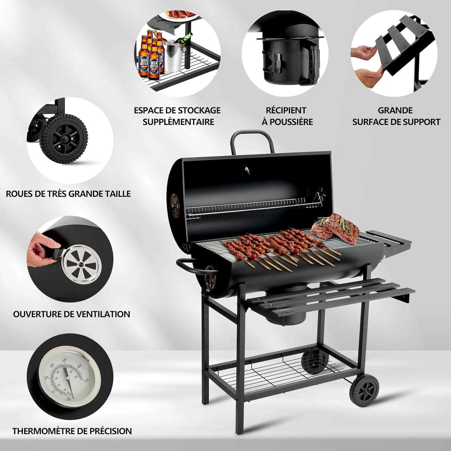TEENO - Barbecue XXL - grille, gants, thermomètre, tiroir à cendres