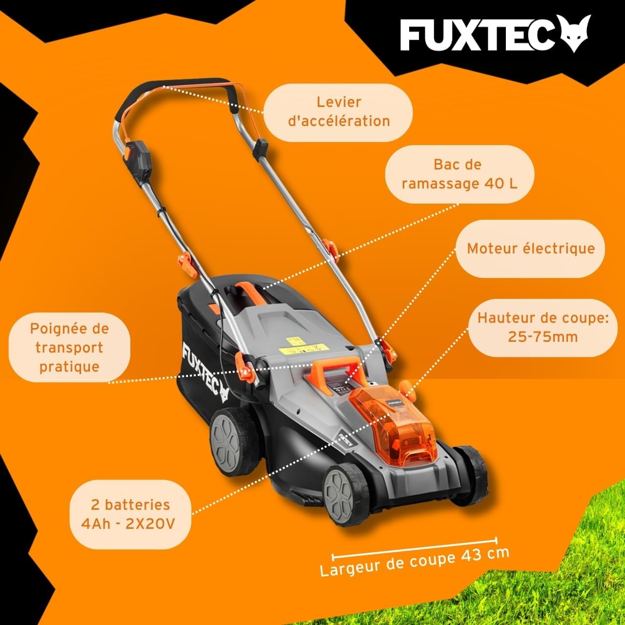 FUXTEC - Tondeuse à Gazon E2RM43 - 43cm, 40L, Hauteur réglable, Batterie 40V E2RM43