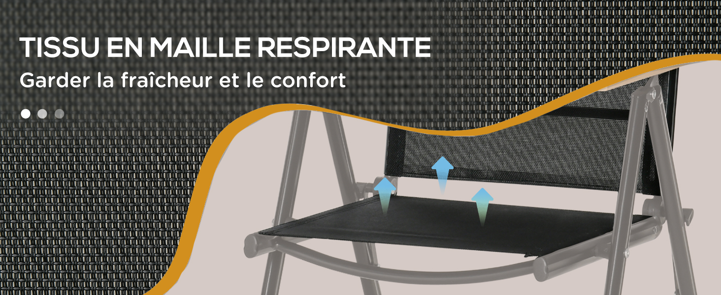 Gros plan d'un tissu en maille respirant sur un siège de chaise, avec un texte en français décrivant ses propriétés de refroidissement et de confort. La ligne incurvée orange met en valeur la matière.
