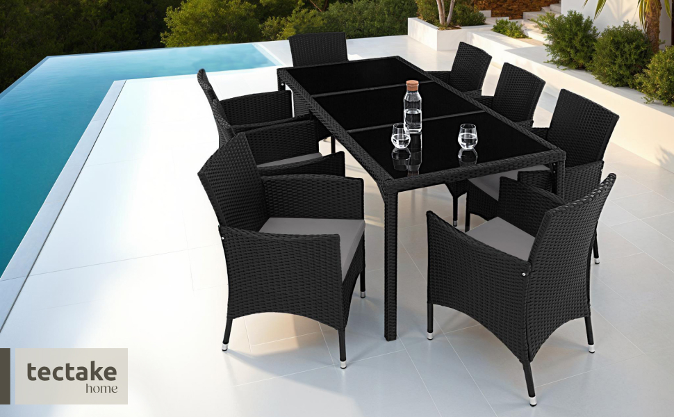Le texte indique « Image 3 » et « tectake ». Ensemble de salle à manger pour terrasse extérieure comprenant des meubles en osier noir avec coussins, y compris des chaises disposées autour d'une table en verre.