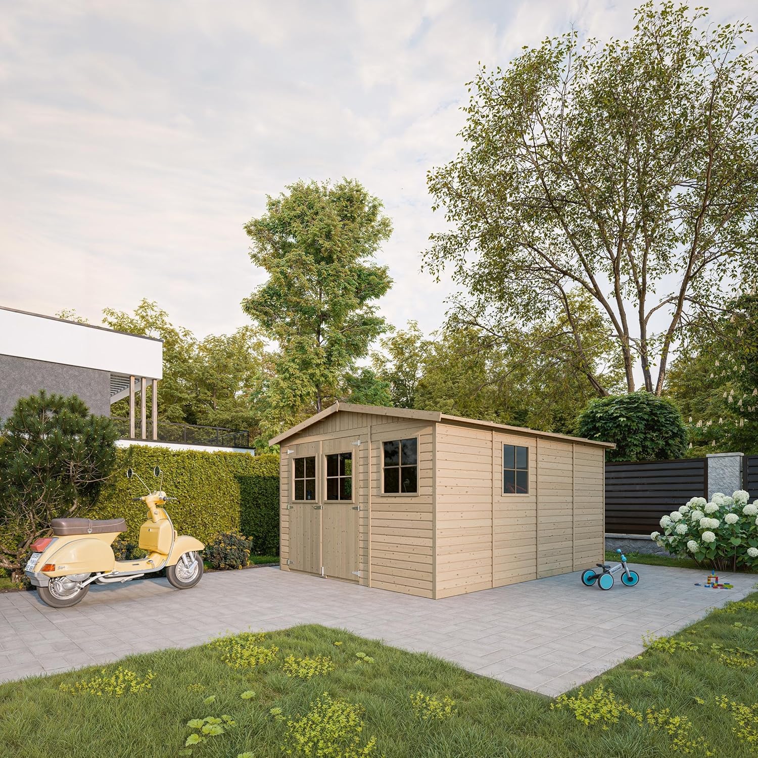 Timbela - Abri de jardin série M336 - 12m², bois naturel, fenêtres, H226x324x416cm - M336
