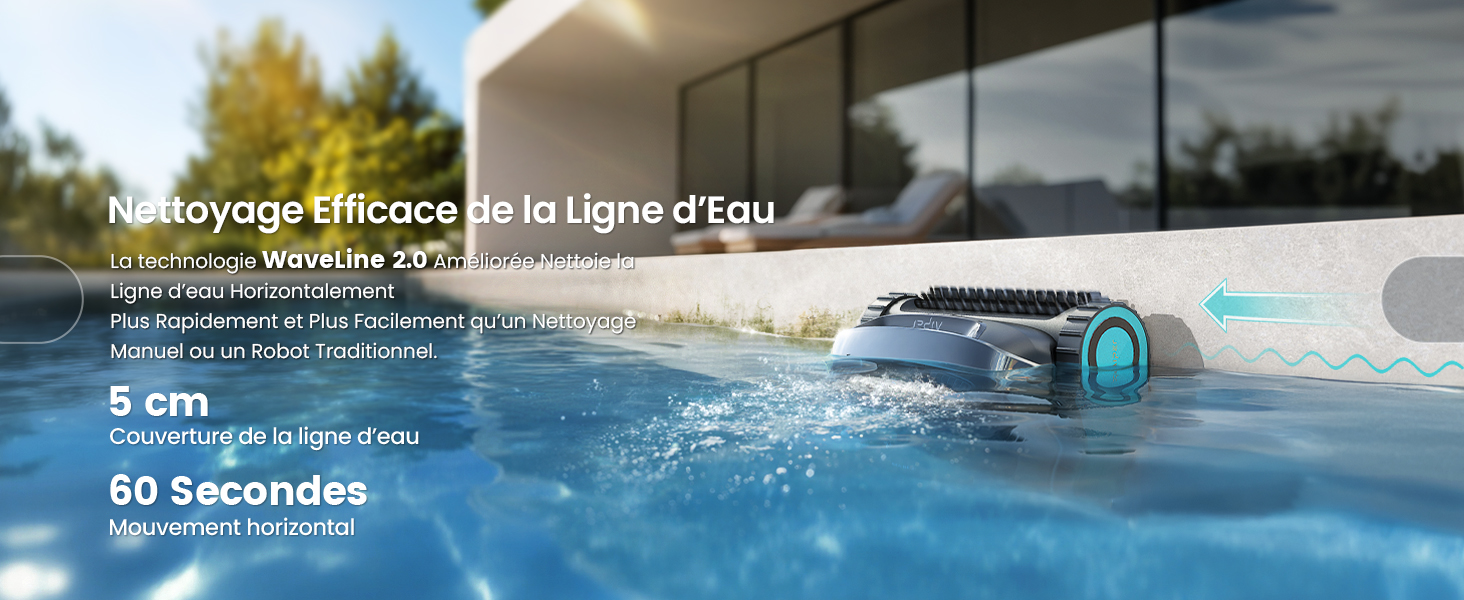 Le texte indique « Lass die Abenteuer beginnen » et « 4/5 Personen ». Scène de piscine extérieure avec maison moderne et véhicule bleu garé à côté.